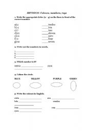 English worksheet: Revising colours, numbers and toys