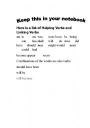 English worksheet: helping and linking verb notes