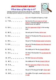English Worksheet: What-Time-Of-The-Day Dictionary Hunt