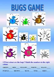 English Worksheet: BUGS GAME - colours & numbers 1-10 (sample dialogue for the game on the 2nd page)