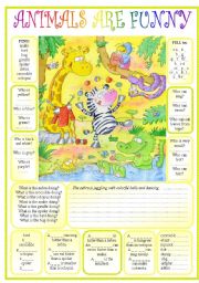 English Worksheet: Animal FUN revision for Elementary - Pr. cont., Def., Comparing, Prepositions, can/can�t + GAMES ((6_pages)) (+BW + KEY + Notes) - A1-2 level