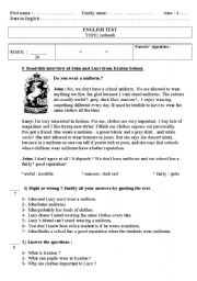 English Worksheet:  READING TEST ON SCHOOL UNIFORMS