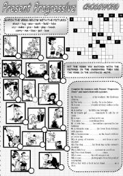 English Worksheet: Present Continuous Tense (Exercises and Crossword) B&W Version