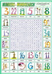 English Worksheet: NUMBERS - WORDSEARCH (B&W VERSION INCLUDED)