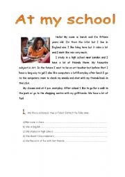 English Worksheet: At my school - reading comprehension 