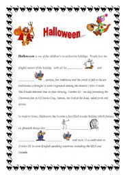 English Worksheet: Halloween (reading + filling the gaps  + vocabulary exercise) 4 pages