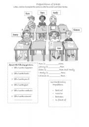English Worksheet: Prepositions using the classroom