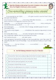 English Worksheet: Croc-wrestling granny wins award (B&W version + Answer Key)