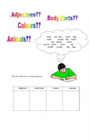 English worksheet: Adjectives - Colours- Body Parts - Animals