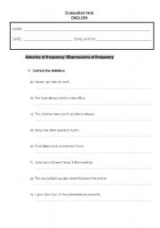 English Worksheet: Frequency adverbs - Test + Key