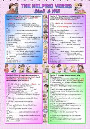 English Worksheet: HELPING VERBS - SHALL & WILL - (( 4 Exercises & 59 sentences to complete )) - elementary/intermediate - (( B&W VERSION INCLUDED ))