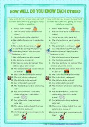 English Worksheet: How Well Do You Know Each Other? (speaking activity for pair work)