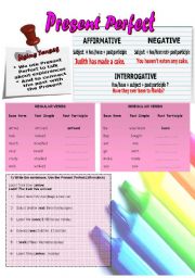 English Worksheet: (2 PAGES) PRESENT PERFECT (Affirmative, negative, interrogative forms, uses and a reading comprehension)