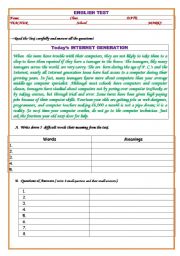 English Worksheet: ENGLISH TEST (Todays INTERNET GENERATION) 2009