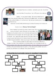 English Worksheet: Family tree &  present simple & present continuous & chores