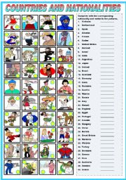 English Worksheet: COUNTRIES AND NATIONALITIES - COMPLETE AND MATCH (B&W VERSION INCLUDED)