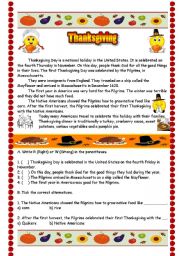 English Worksheet: Thanksgiving origin - Reading and Comprehension