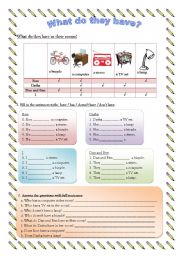 English Worksheet: What do they have? (have-has positive & negative)