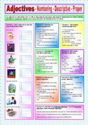 ADJECTIVES - Numbering, Descriptive & Proper Adjectives - ((Elementary/Intermediate)) - 8 Exercises with approx. 40 sentences to complete - (( B&W VERSION INCLUDED ))