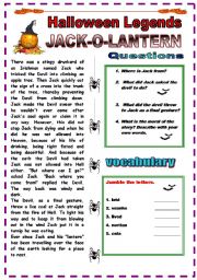 English Worksheet: JACK-O-LANTERN  reading (QUESTIONS AND EXERCISE INCLUDED)