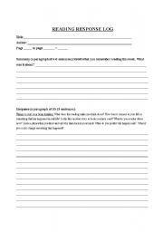 English Worksheet: Reading Response Log