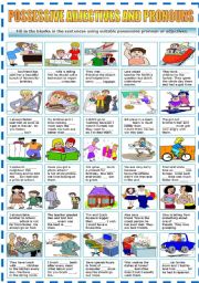 English Worksheet: POSSESSIVE ADJECTIVES AND PRONOUNS (B&W VERSION INCLUDED)