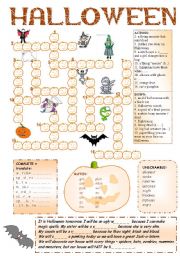 English Worksheet: Halloween Fun + Pumpkin Crossword + 8 activities + BW + CW for older + BOOKMARKS + 6 game rules + KEY ((6_PAGES)) -  A2 level