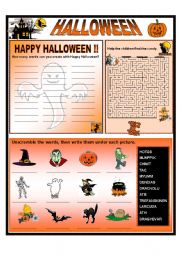 English Worksheet: HAPPY HALLOWEEN !!  3 activities  B & W version included