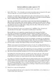 English Worksheet: Reading Comprehension Exercise: Internet Addiction News Article