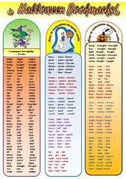 English Worksheet: SUPER HALLOWEEN BOOKMARKS! - bookmarks with common irregular vberbs and irregular verbs divided into groups easy to remember (5 bookmarks)