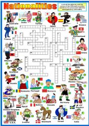 English Worksheet: NATIONALITIES  CROSSWORD (KEY AND B&W VERSION INCLUDED)