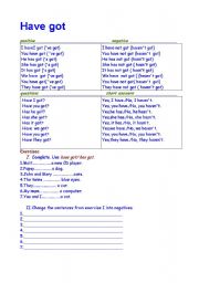 English Worksheet: have got/ has got- positive, negative,questions,short answers