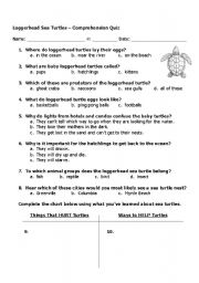 English worksheet: Loggerhead Sea Turtle Comprehension Quiz