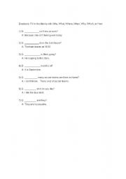 English worksheet: 1st Day of Class Controlled Practice w/ Wh-questions