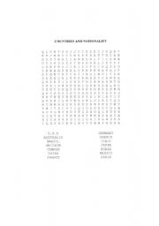 English worksheet: Countries and nationality wordsearch