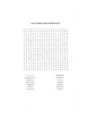 English Worksheet: Countries and nationality wordsearch