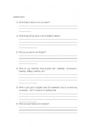 English worksheet: 1st day of class assesment Questionnaire