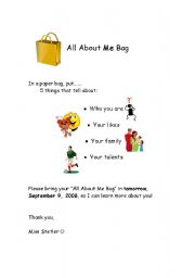 English worksheet: All About Me Bag