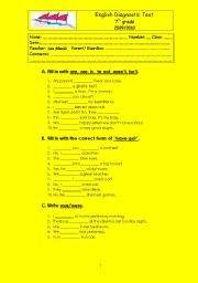 English Worksheet: english diagnostic test 7th grade