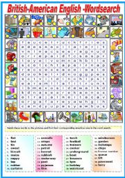 English Worksheet: BRITISH AND AMERICAN ENGLISH-WORDSEARCH (B&W VERSION INCLUDED)