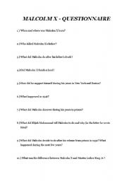 English Worksheet: Malcolm X Questionnaire