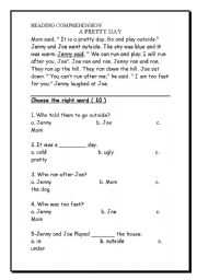 English worksheet: Pretty Day - Reading Comprehension