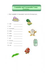 English worksheet: Countable and uncountable nouns Part 1
