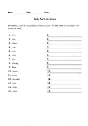 English worksheet: Body Parts Scramble