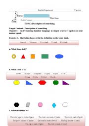 English worksheet: shapes, colours 