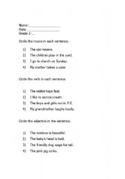 English Worksheet: Grammar Review, Nouns, Verbs, and Adjectives
