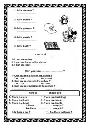English worksheet: Can , There is , there are + simple exer