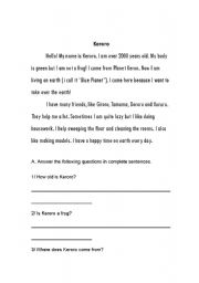 English Worksheet: Comprehension about a famous Japanese cartoon character Keroro