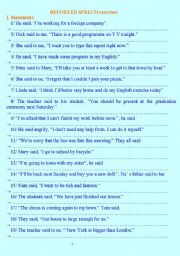 English Worksheet: REPORTED SPEECH EXERCISES