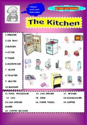 English Worksheet: THE KITCHEN (picture dictionary) B&W version INCLUDED!!!